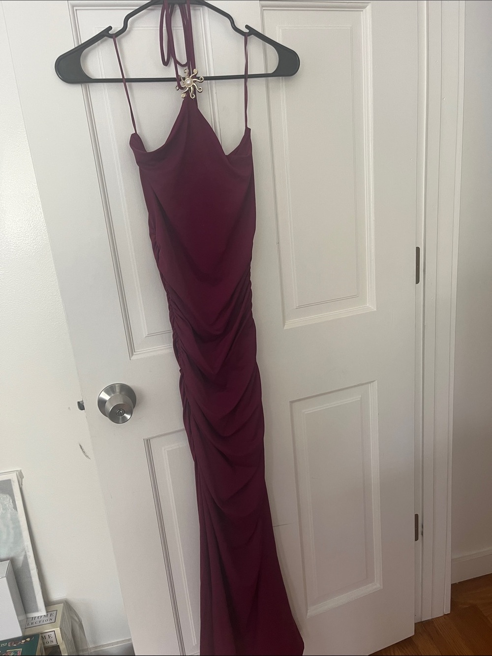 Zara Burgundy Halter Ruched Maxi Dress